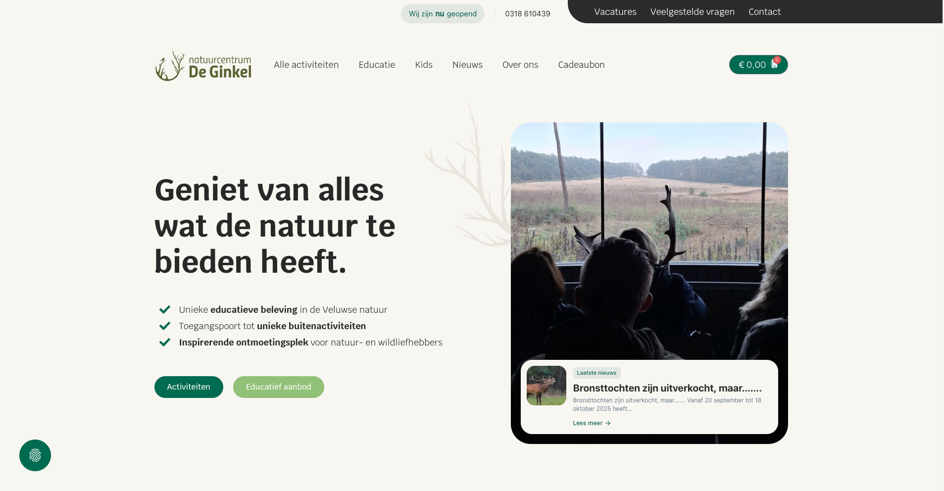 Homepage van Natuurcentrum de Ginkel met de kop Geniet van alles wat de natuur te bieden heeft